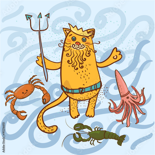 colored Neptune cat and  crab, squid, lobster vector illustratio