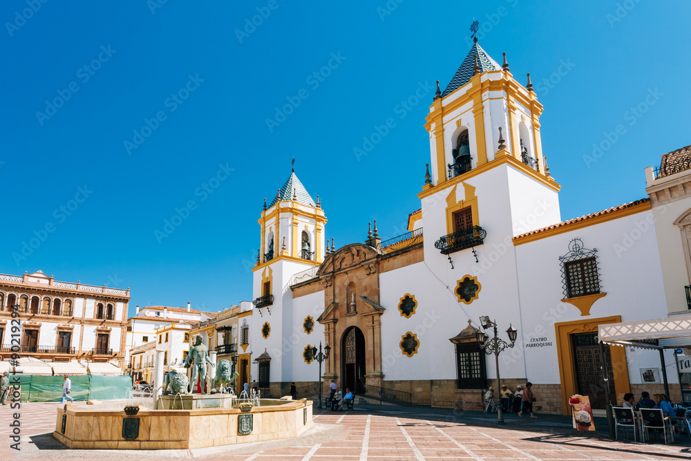 Plaza Del Socorro Church In Ronda, Spain. Old Town Cityscape