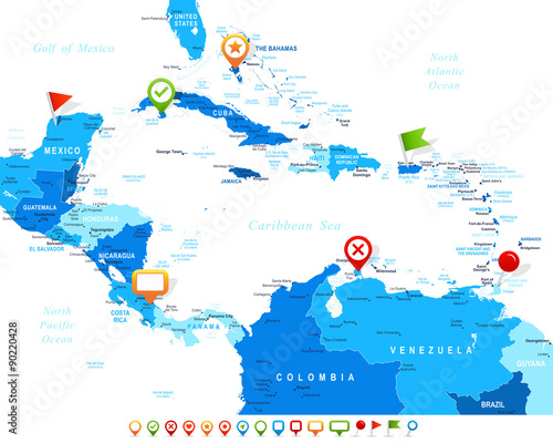 Central America map - highly detailed vector illustration. Image contains land contours, country and land names, city names, water object names, navigation icons.