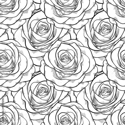 beautiful black and white seamless pattern in roses with contours. . for greeting cards and invitations of the wedding, birthday, Valentine's Day, mother's day and other seasonal holidays
