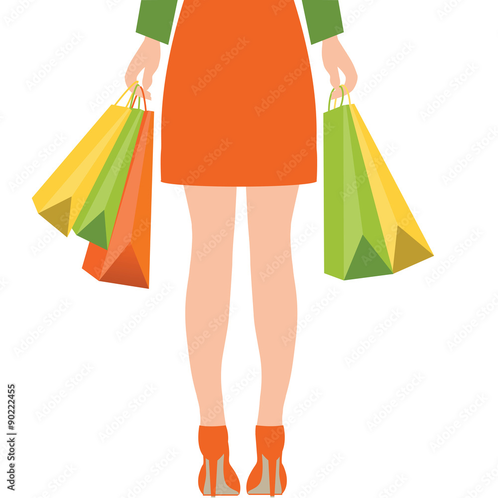 Back of woman holding shopping bags,Flat design.