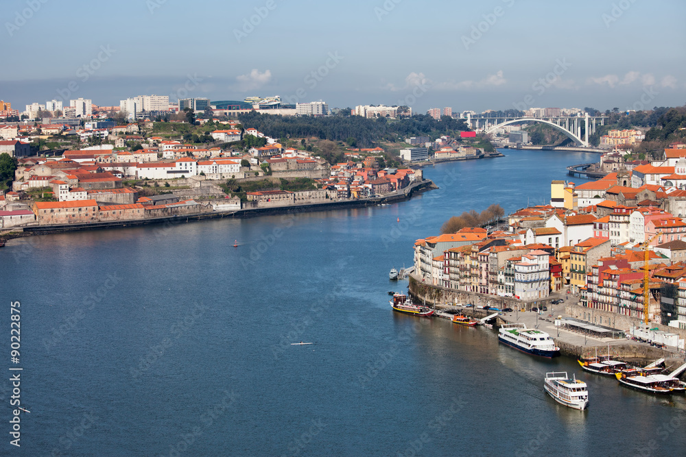 Douro river at cities of Porto and Vila Nova de Gaia in Portugal.