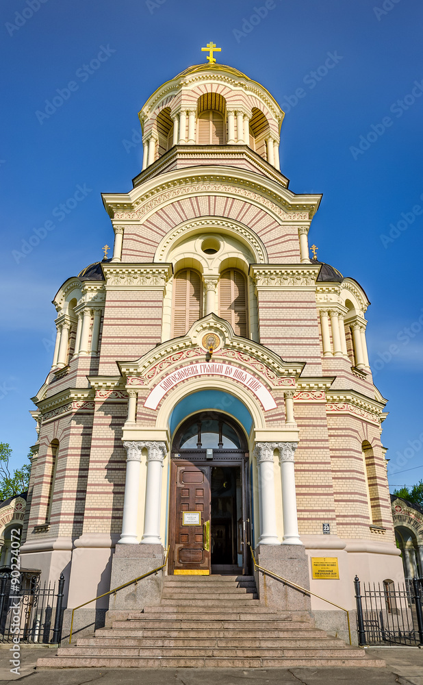 Belltower of russian orthodox cathedral of the Nativity of Chris