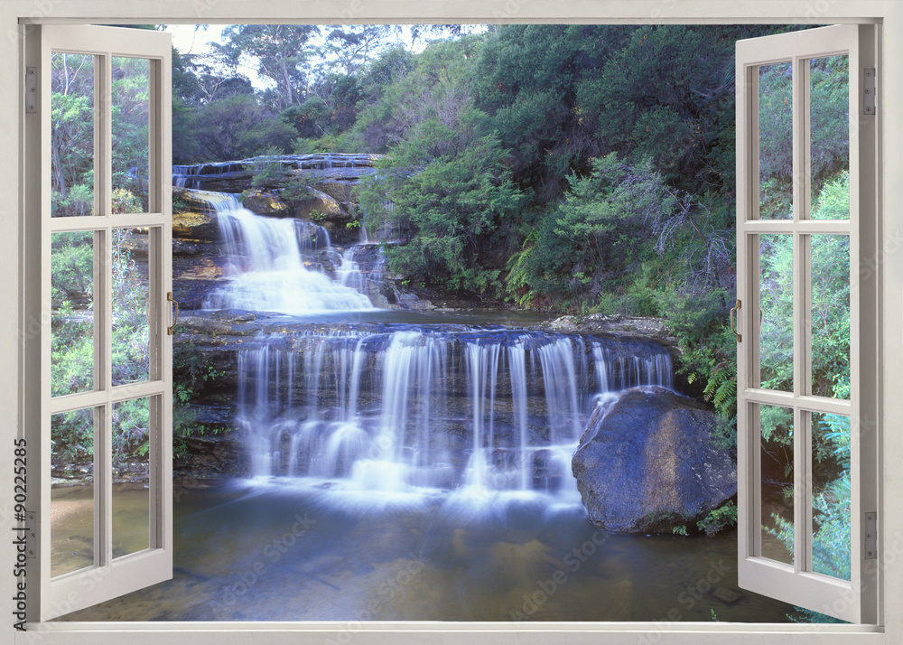 Fototapeta Otwórz okno widok do Wentworth Falls, Jamison Creek, Blue Mountains regionu Nowych Południowej Walii w Australii