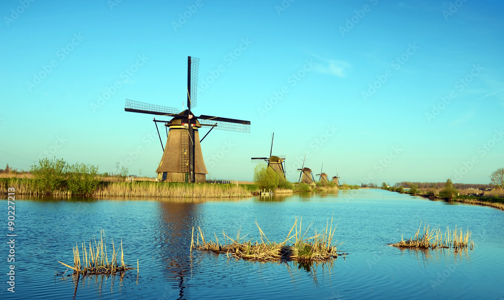 The picturesque landscape with aerial Mill on the channel in Kinderdiyk, Netherlands