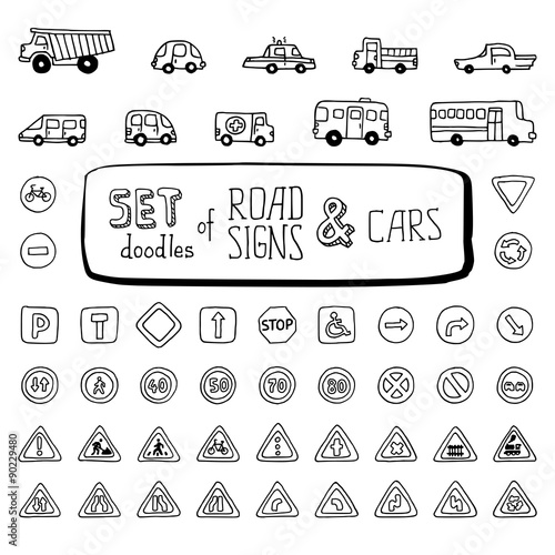 Vector set of doodles road signs and cars.