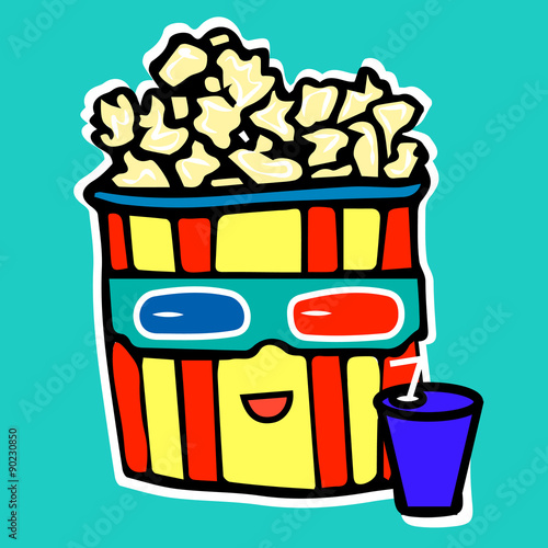 Popcorn drinks cola while watching a movie in a movie theater in