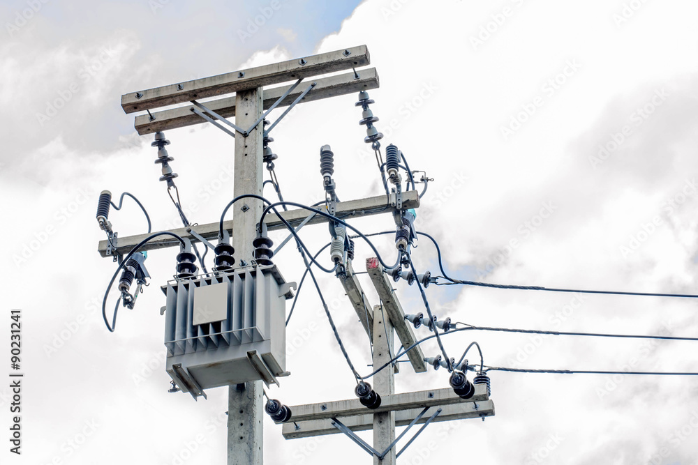 Transformer and power lines, selective focus point. Transformer and power lines, selective focus point.