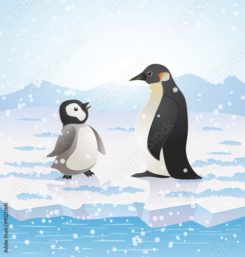 two penguins on snowing antarctic landscape cartoon drawing