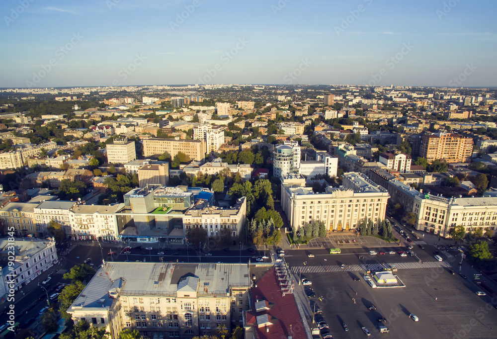 Aerophotographing central square of the city of Kharkiv
