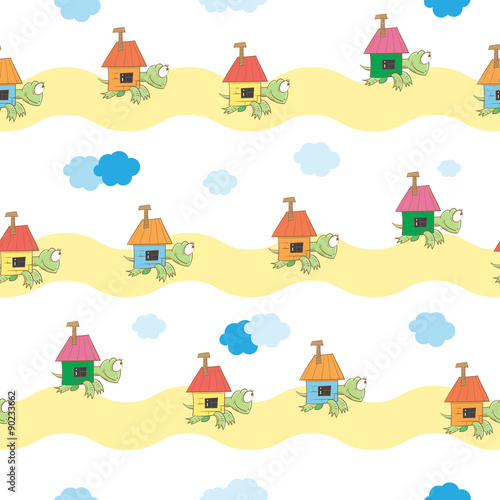 Vector seamless pattern with cute cartoon turtles bearing on themselves the houses.