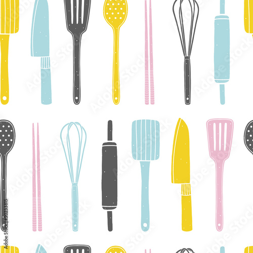 Hand drawn seamless pattern with kitchen utensils on the white background. Cooking vector repeating background for kitchen fabrics, paper napkins, wallpapers. Pattern is cropped with clipping mask 