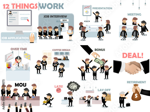 beautiful graphic design of work,12 things of work situation consist of job application,job interview,presentation,meeting,over time,coffee break,bonus,deal,MOU,late,lay off and retirement