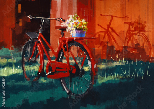 Obraz na płótnie malowanie rocznika rowerów z wiadrem pełnym kwiatów