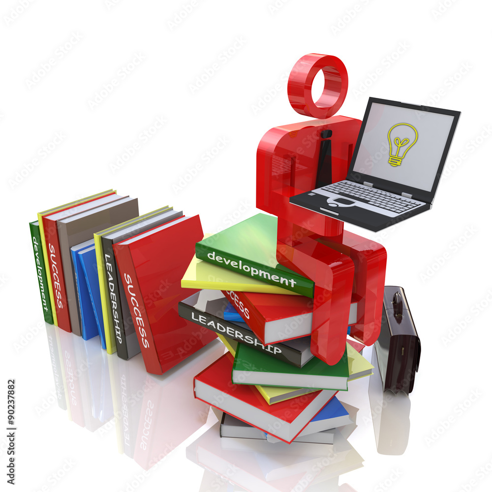 3d man sitting on a pile of books and holding a laptop with idea 3d man sitting on a pile of books and holding a laptop with idea