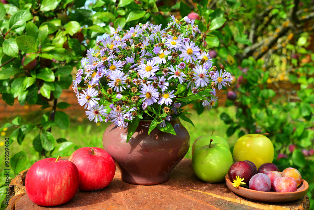 Flowers from the garden and fruit Flowers from the garden and fruit