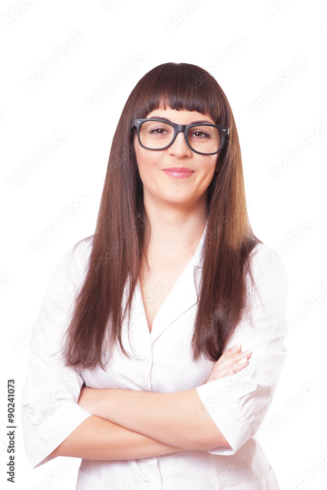 Woman  in a white lab coat and glasses