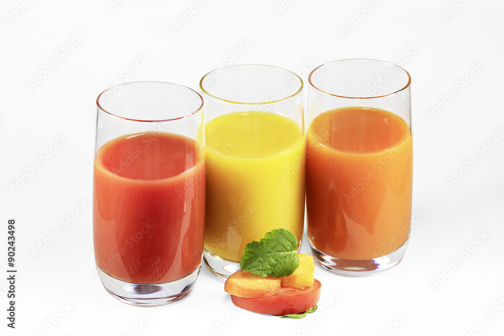 Glasses of tomato, pumpkin, carrot juice Glasses of tomato, pumpkin, carrot juice