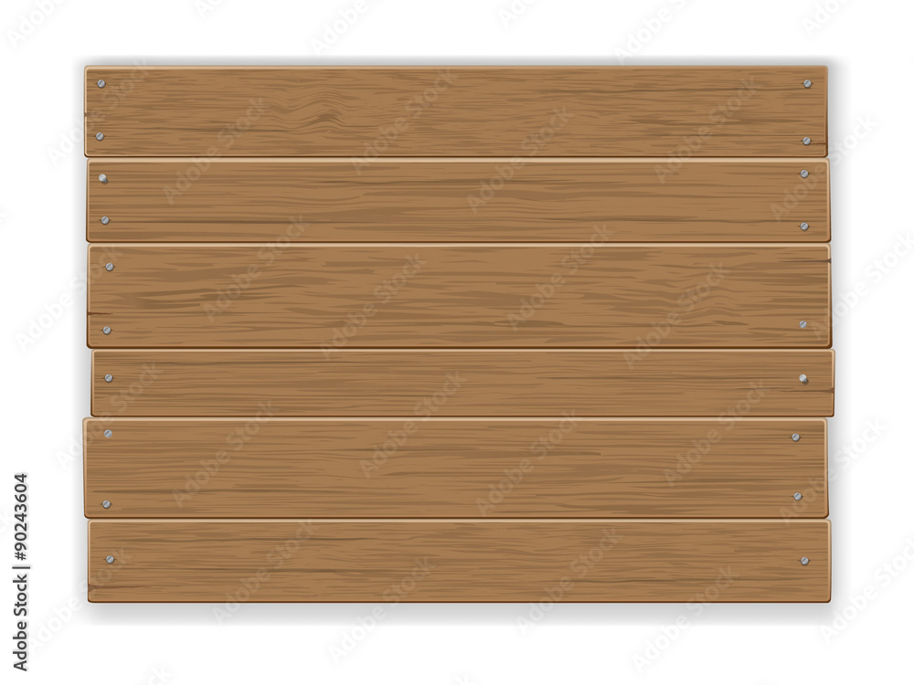 Empty old rustic wooden sign, nailed, with shadow, made up of the planks. Realistic vector illustration.