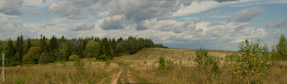 panorama fields and forests clouds