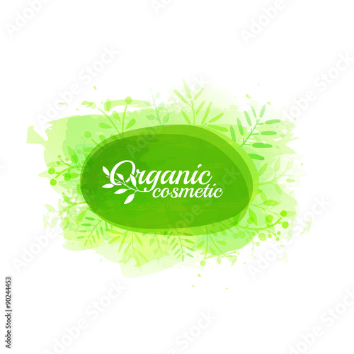 Logo, stamp, icon organic cosmetics on a green background with