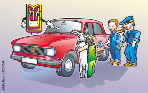 Moskvich 412
люди ребенок с собакой автомеханики у красной машины с значком логотипом