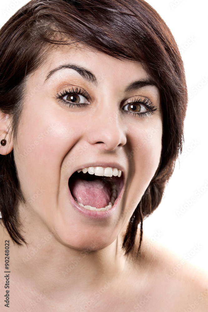 Beauty Surprised Brunette Woman isolated on White background. Beautiful Girl opening Mouth. Emotion Beauty Surprised Brunette Woman isolated on White background. Beautiful Girl opening Mouth. Emotion