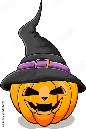 Halloween pumpkin with black witches hat