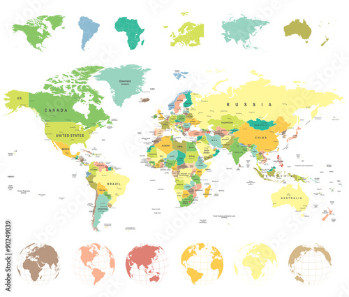 Fototapeta Mapa świata i globusy - bardzo szczegółowe ilustracji wektorowych.
