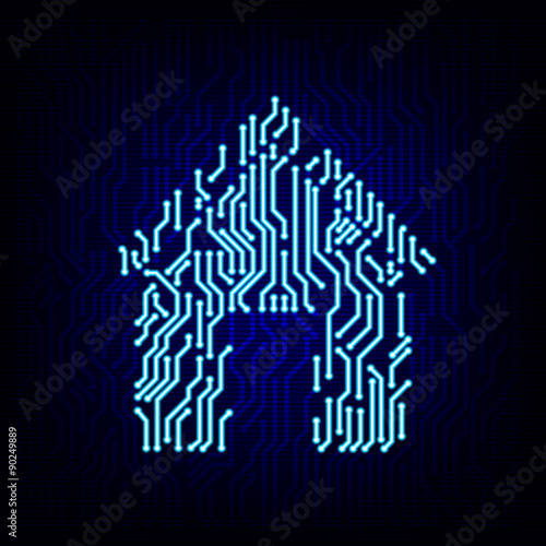 Smart home concept. Circuit board house logo icon on the digital high tech style vector background.