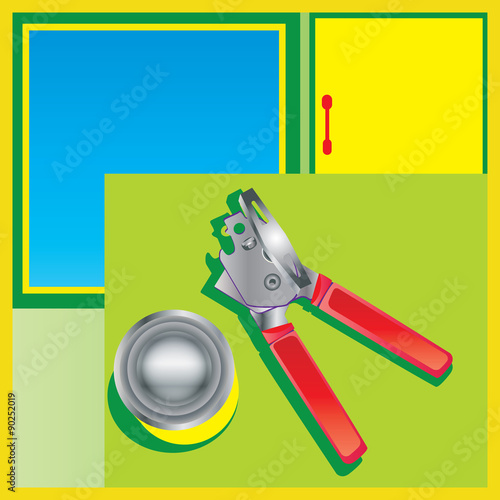 Can opener and can on table in brightly colored kitchen.