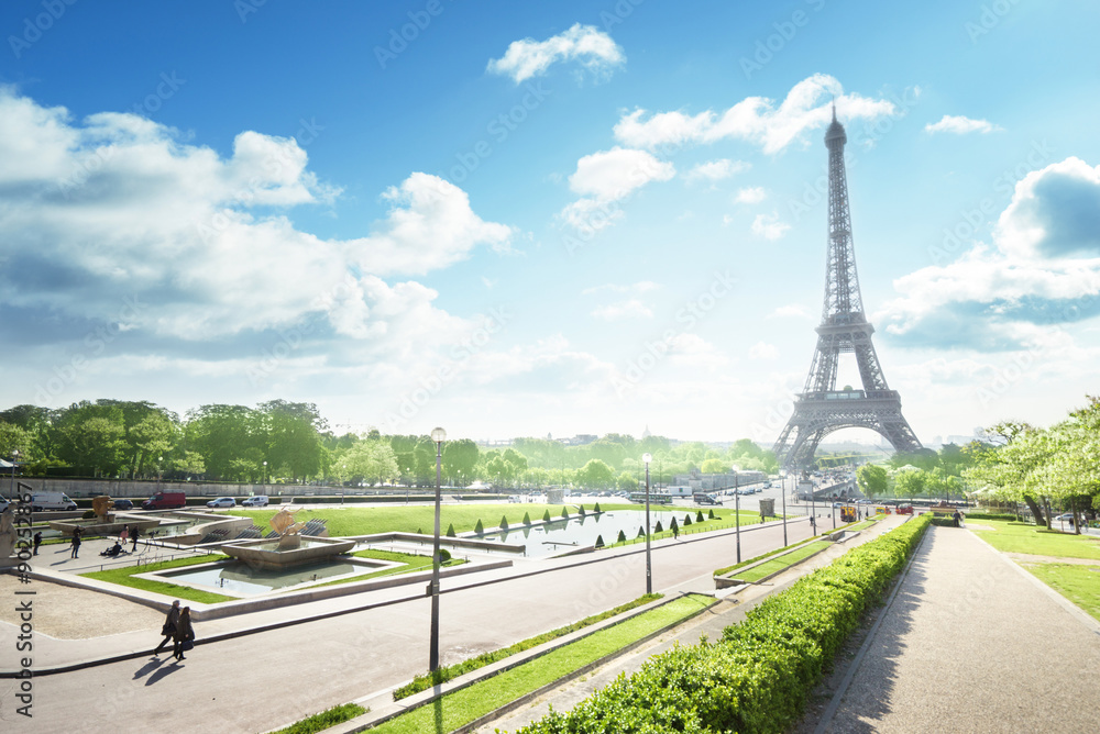 sunny morning and Eiffel Tower, Paris, France sunny morning and Eiffel Tower, Paris, France
