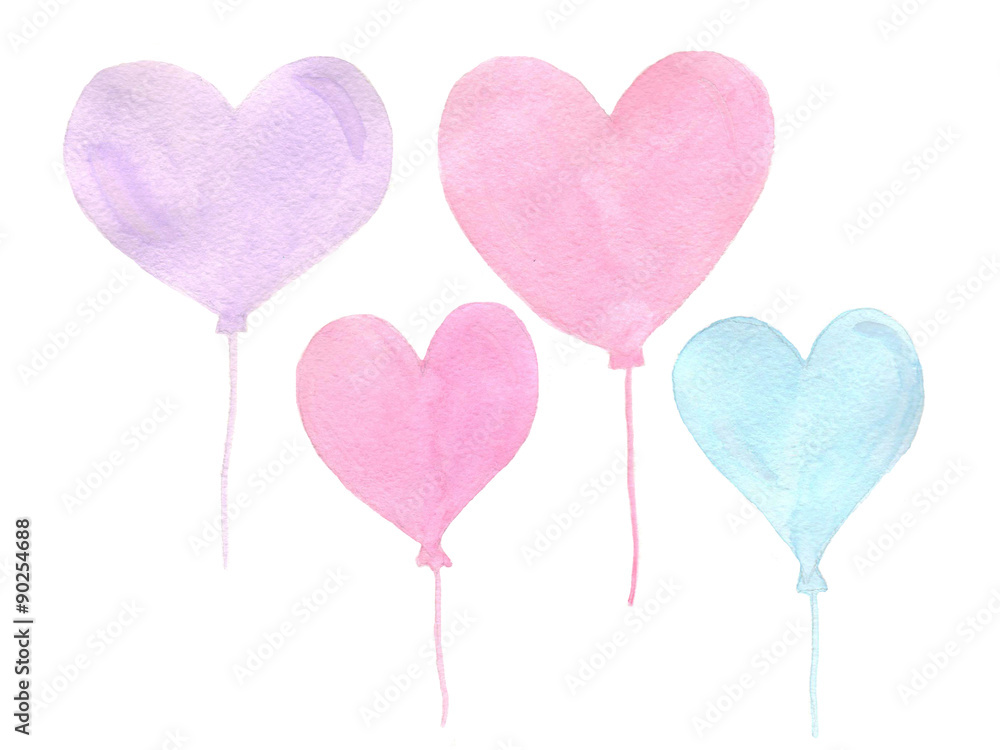 Hand painted real watercolor pink and blue heart balloons on a w