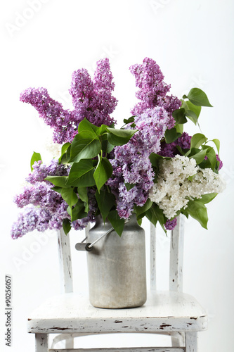 Beautiful lilac in watering can on white background