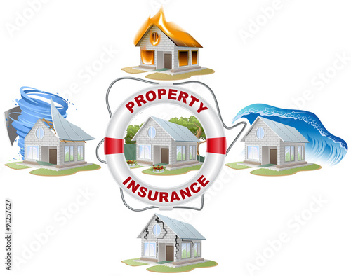 Home insurance. Property insurance. Lifebuoy, fire, flood, tornado.