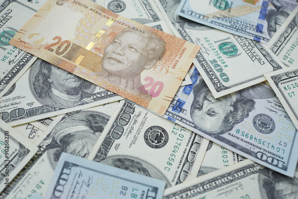 twenty rand against the background of dollars twenty rand against the background of dollars
