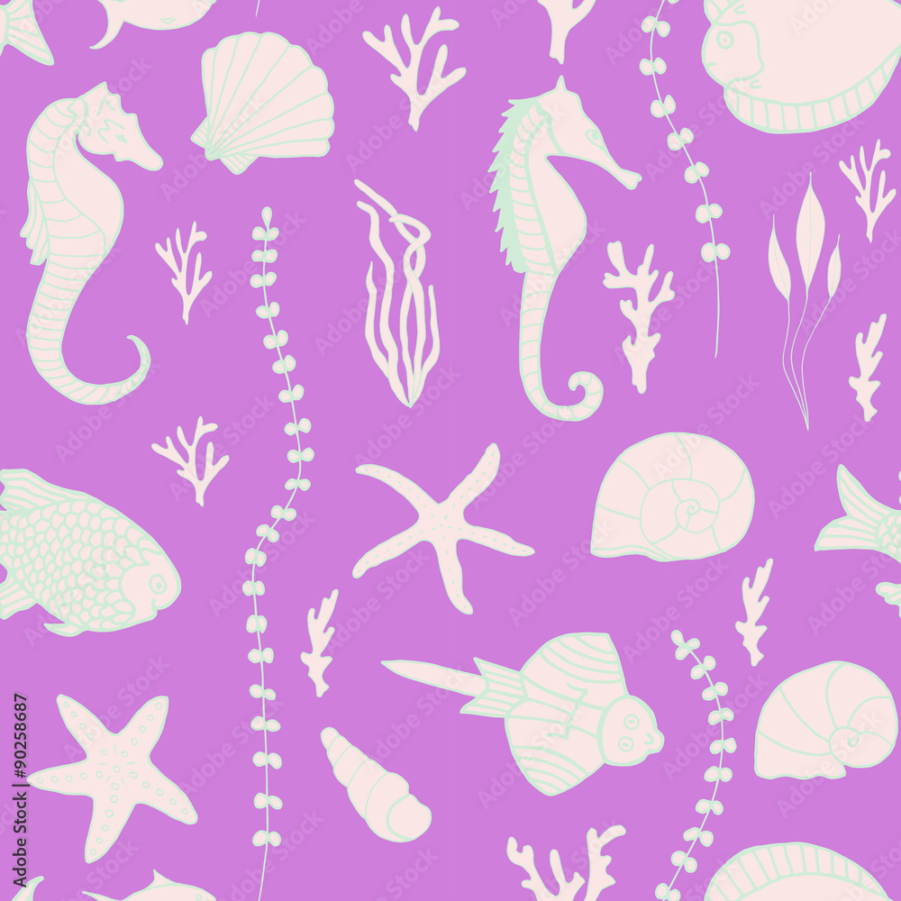 Naklejka premium Seamless pattern with hand drawn fishes
