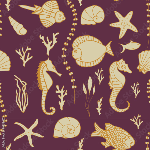 Seamless pattern with hand drawn fishes