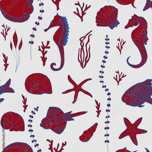 Seamless pattern with hand drawn fishes