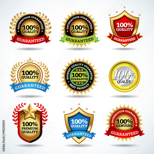 Vector set of 100% quality guarantee, satisfaction guaranteed labels, stamps, banners, badges, crests, labels. Vector isolated design.