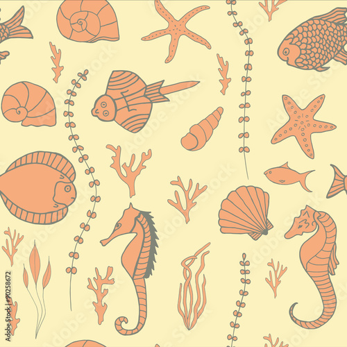 Seamless pattern with hand drawn fishes