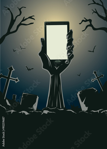 Zombie hand holding smartphone blank screen up from the grave in the cemetery at night. This illustration is Halloween theme