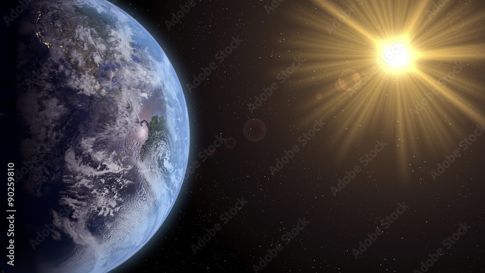3 D render of Earth with Sun rising.