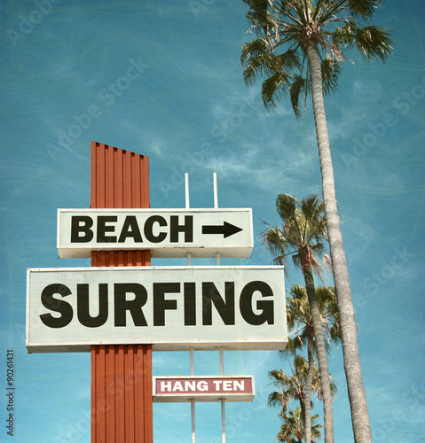 aged and worn vintage photo of beach surfing sign