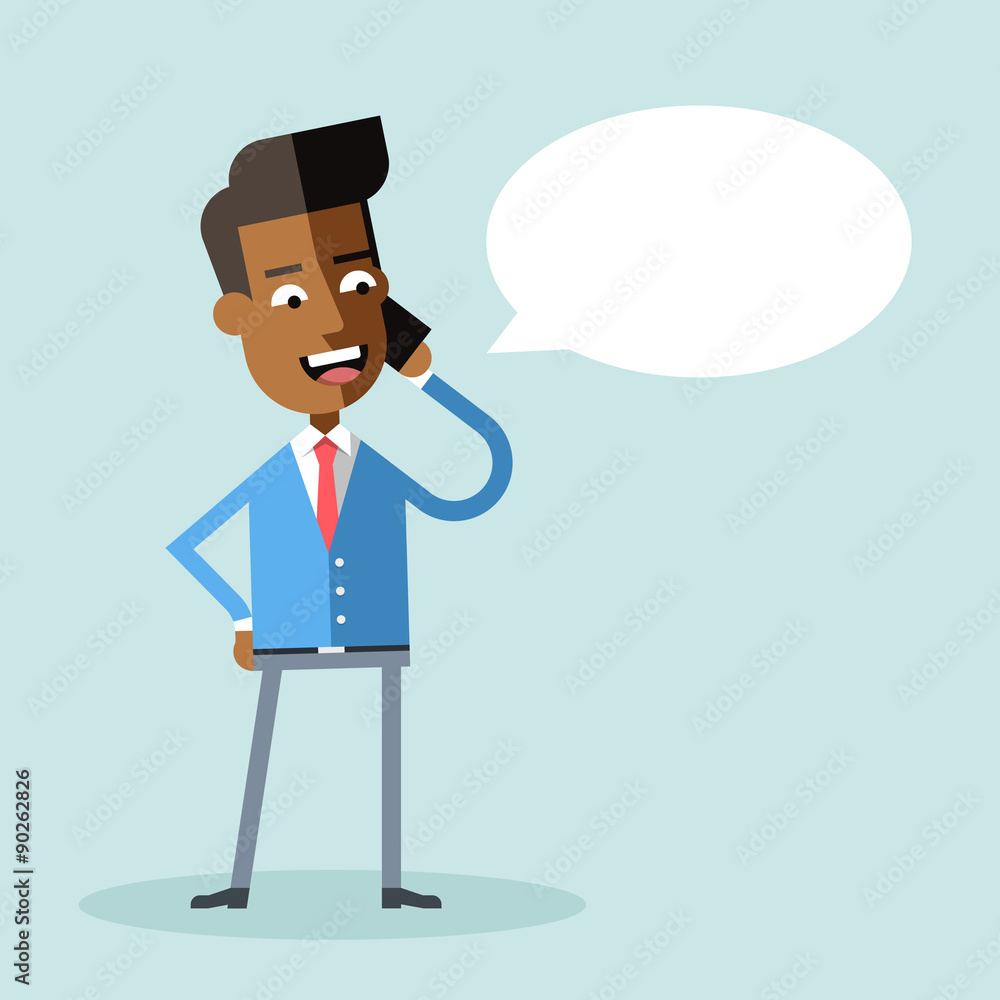 Handsome african american businessman suit talking on the phone. Manager talking on cell phone. Cartoon character - asian businessman. Vector illustration. Style flat. Handsome african american businessman suit talking on the phone. Manager talking on cell phone. Cartoon character - asian businessman. Vector illustration. Style flat.