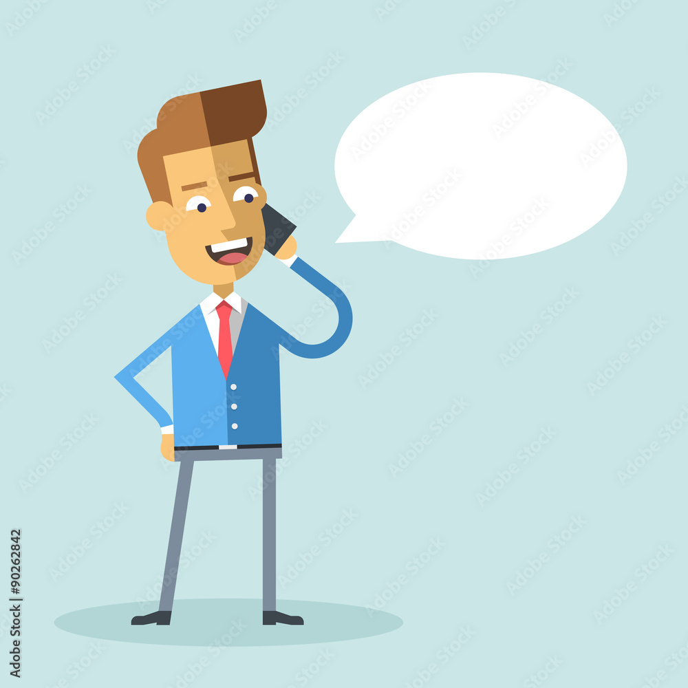 Handsome african american businessman in formal suit talking on the phone. Manager talking on cell phone. Cartoon character - asian businessman. Vector illustration. Style flat. Handsome african american businessman in formal suit talking on the phone. Manager talking on cell phone. Cartoon character - asian businessman. Vector illustration. Style flat.