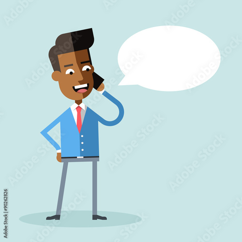 Handsome african american businessman suit talking on the phone. Manager talking on cell phone. Cartoon character - asian businessman. Vector illustration. Style flat.