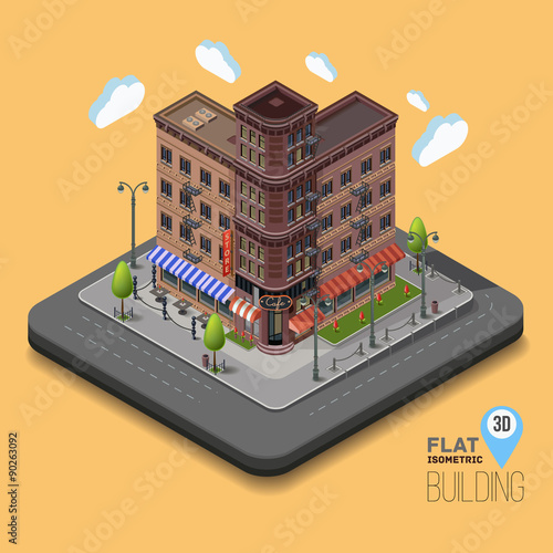 Vector city with isometric old buildings and cafes in the middle. Street light poles and fences and flower beds. Concept street with apartment buildings. Urban flat 3d vector illustration.