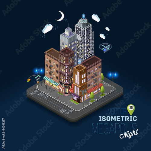 City concept with isometric buildings, shops, offices, cafes, skyscrapers and government buildings. Night city, evening atmosphere, metropolis, urban flat 3d vector illustration.