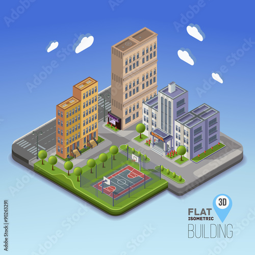 Urban landscape 3D city, school area with basketball and garden around, with flowerbeds and flowers. Isometric  vector illustration.